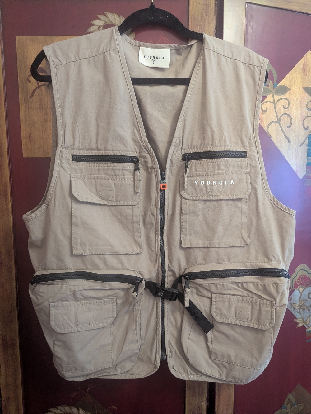 YoungLA Vest Men's Large Tan Hunt Fish Gorpcore Cargo Outdoor Utility Hike